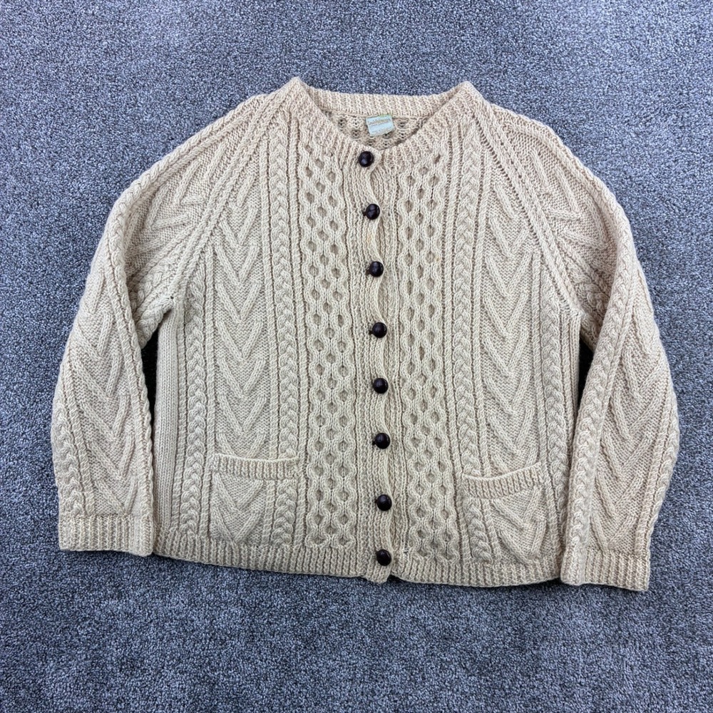 Inishowen Cardigan Sweater Women's M Irish Wool Aran Cable Knit Fisherman
